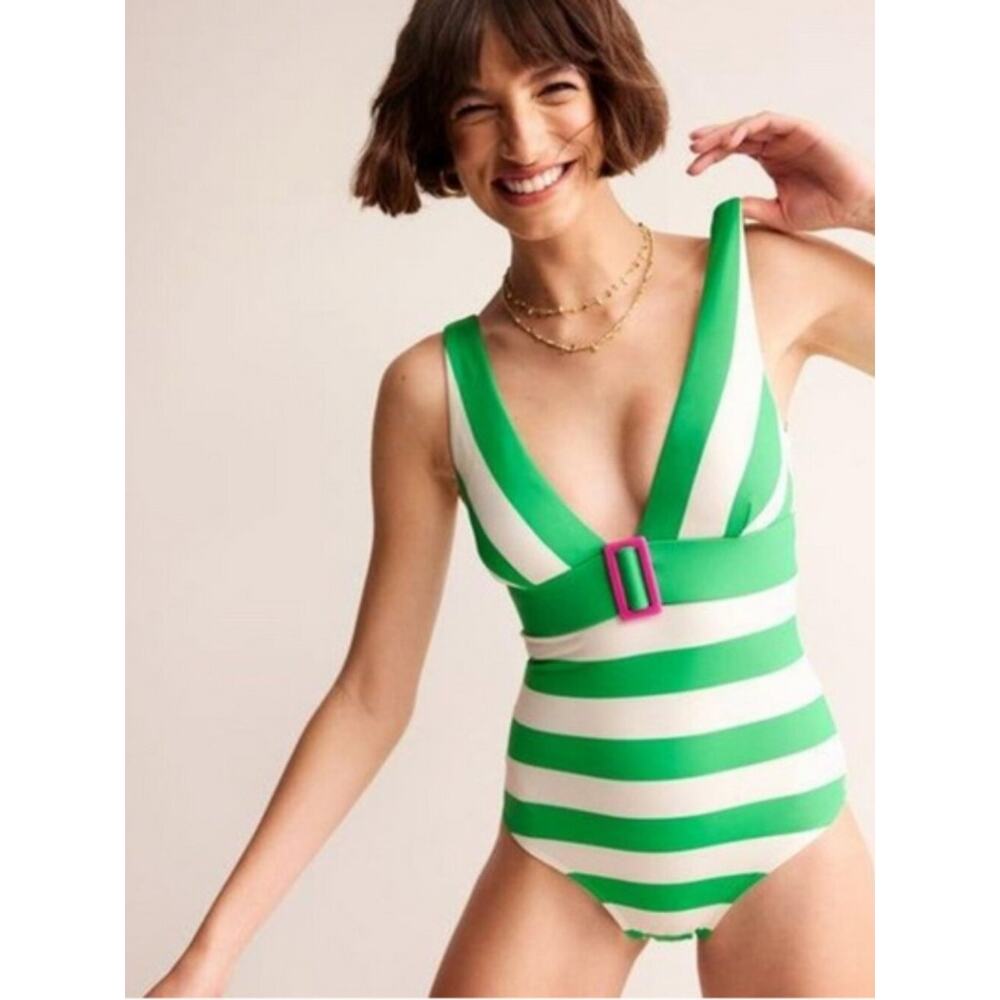 NEW - BODEN women PORTO V-NECK resin buckle one piece swimsuit green white SZ 6L - Picture 15 of 15
